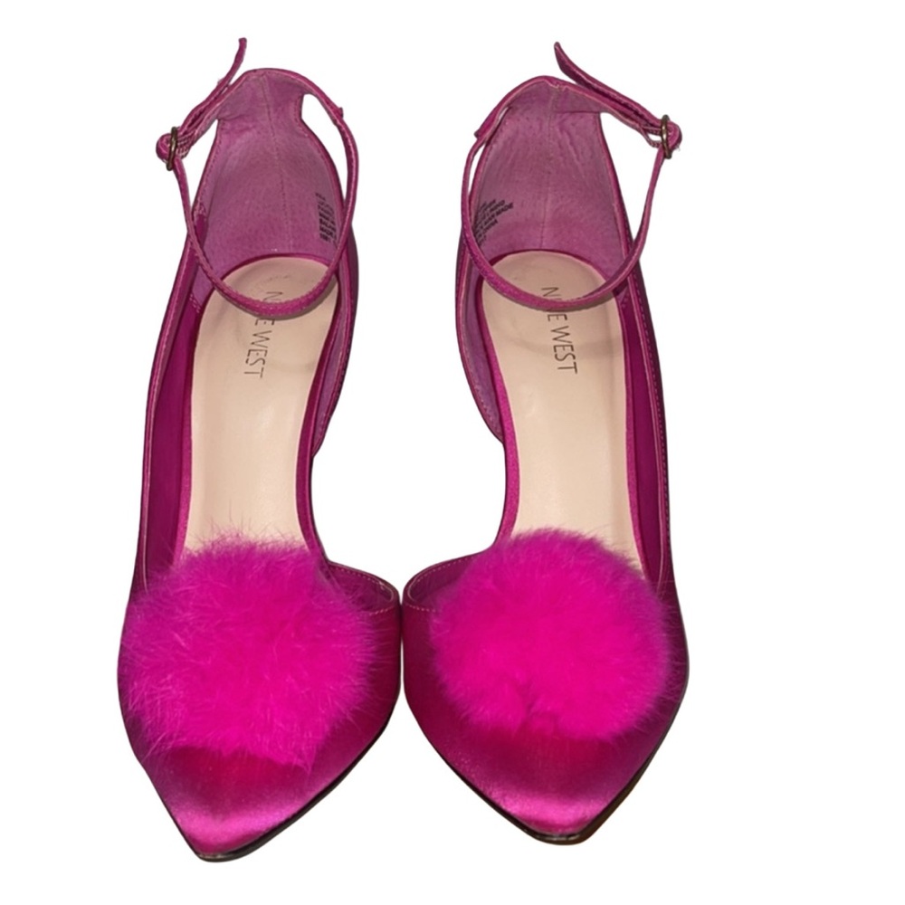 EUC Nine West Pink Satin Heels with Fur Pom Poms